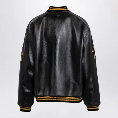 Prada Leather Bomber Jacket With Patch In Black
