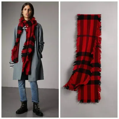 Burberry New  Red Black Wool Half Mega Fashion Plaid Check Fringe Scarf 40609881 In Red