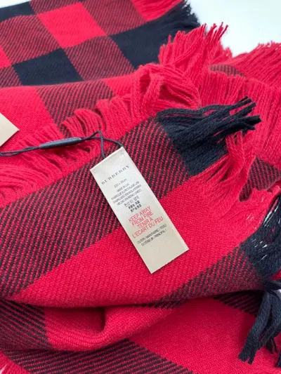 Burberry New  Red Black Wool Half Mega Fashion Plaid Check Fringe Scarf 40609881 In Red