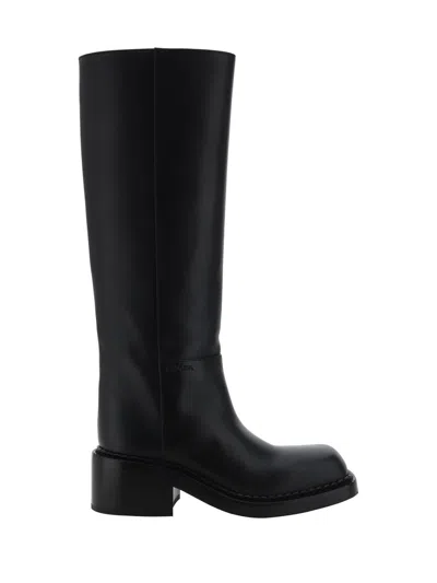 Prada Leather Knee-high Boots With Low Block Heel In Black