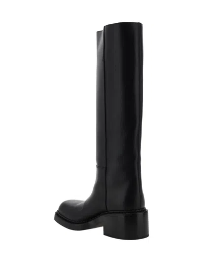 Prada Leather Knee-high Boots With Low Block Heel In Black