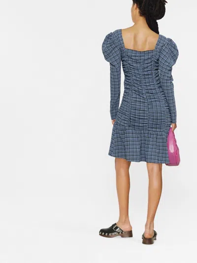 Ganni Ruched Checked Stretch Recycled-seersucker Mini Dress