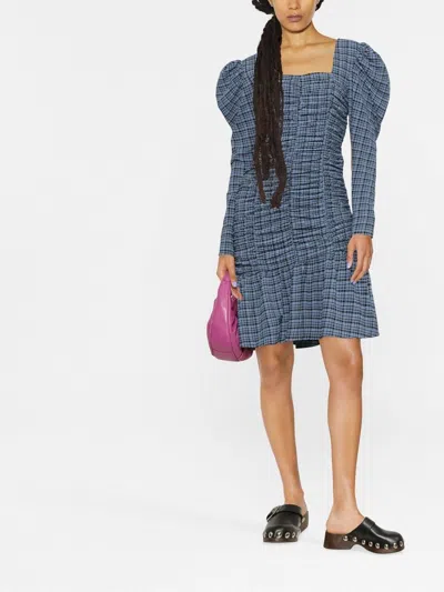 Ganni Ruched Checked Stretch Recycled-seersucker Mini Dress