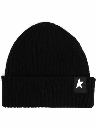 Golden Goose Mans Ribbed Black Wool Hat With Logo