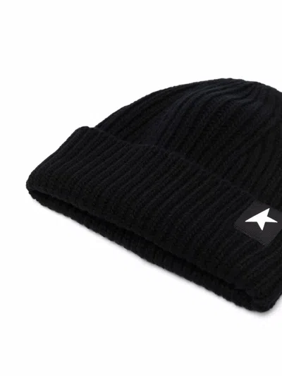 Golden Goose Mans Ribbed Black Wool Hat With Logo
