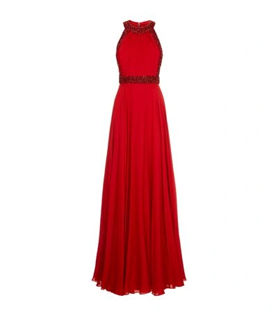 Jenny Packham Halter-neck Embellished-trim Gown, Russian Red