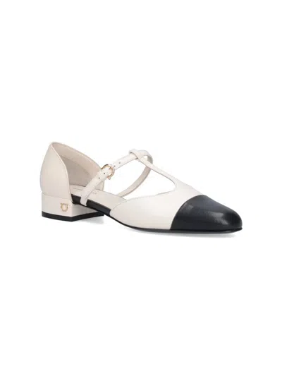 Ferragamo Linette Bicolor T-strap Ballerina Flats In White