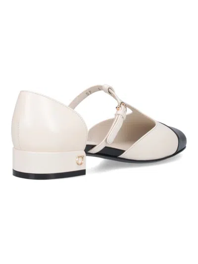 Ferragamo Linette Bicolor T-strap Ballerina Flats In White