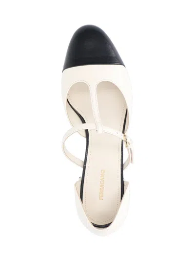 Ferragamo Linette Bicolor T-strap Ballerina Flats In White