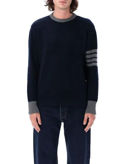 Shop Thom Browne Textured Rugby Stripe Crew Neck Sweater In Navy