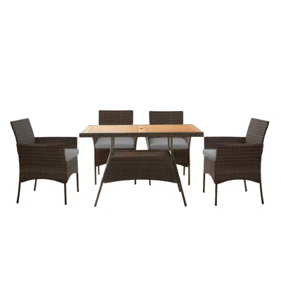Teamson Home Outdoor 5-piece Rattan And Acacia Wood Patio Dining Set With Four Chairs, Table, Brown
