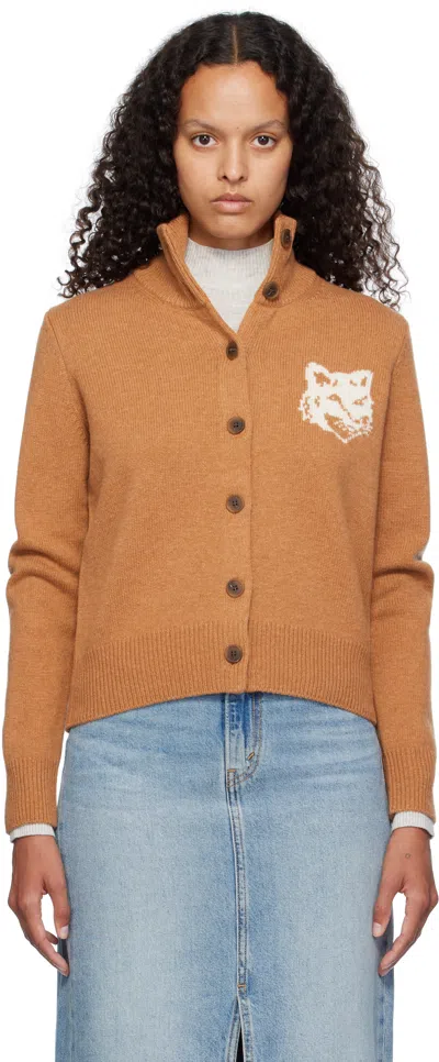 Shop Maison Kitsuné Orange Fox Head Intarsia High Neck Cardigan In P270 Sequoia