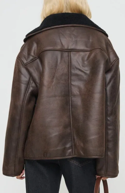 Princess Polly Nunez Water Repellent Faux Shearling Lined Faux Leather Jacket In Brown