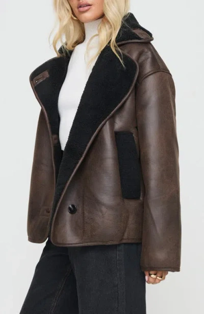 Princess Polly Nunez Water Repellent Faux Shearling Lined Faux Leather Jacket In Brown