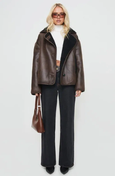 Princess Polly Nunez Water Repellent Faux Shearling Lined Faux Leather Jacket In Brown