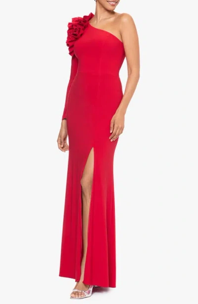 Xscape Evenings Ruffle One-shoulder Gown In Red