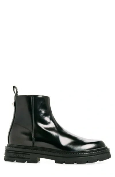 Versace Leather Boot In Black-palladium