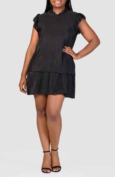 24seven Comfort Apparel Petites Ruffle Cap Sleeve High Neck Pleated Tiered Mini Dress In Black