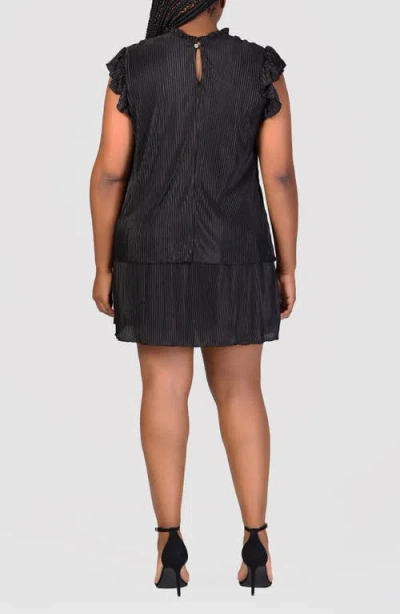 24seven Comfort Apparel Petites Ruffle Cap Sleeve High Neck Pleated Tiered Mini Dress In Black