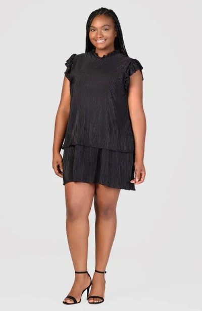 24seven Comfort Apparel Petites Ruffle Cap Sleeve High Neck Pleated Tiered Mini Dress In Black
