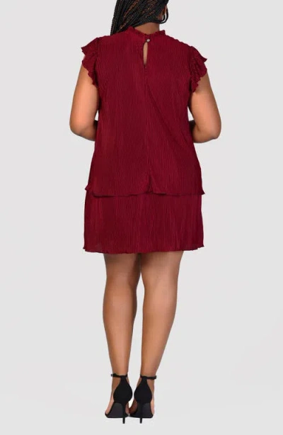 24seven Comfort Apparel Petites Ruffle Cap Sleeve High Neck Pleated Tiered Mini Dress In Wine