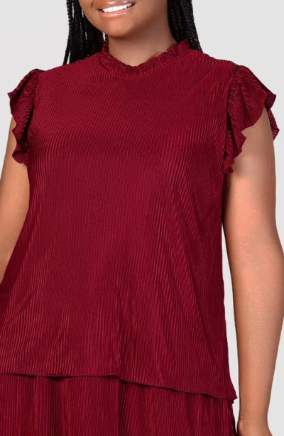 24seven Comfort Apparel Petites Ruffle Cap Sleeve High Neck Pleated Tiered Mini Dress In Wine