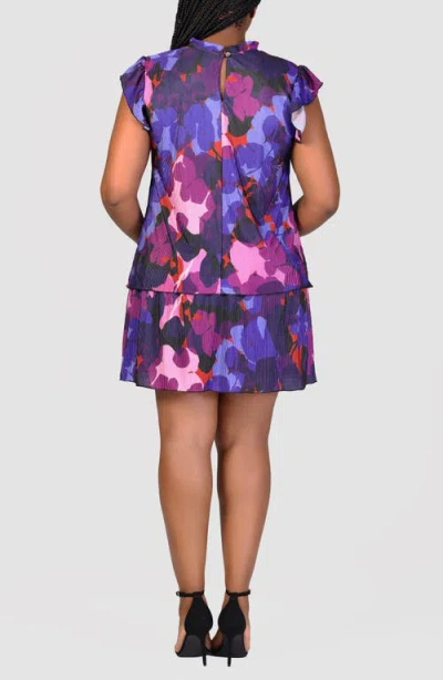 24seven Comfort Apparel Abstract Floral Tiered Knit Minidress In Purple Multi