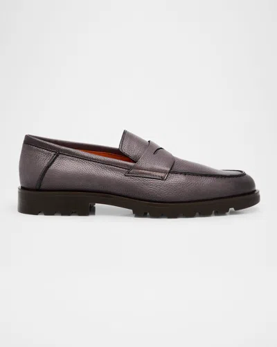 Santoni Men's Rock Deerskin Penny Loafers In Grey