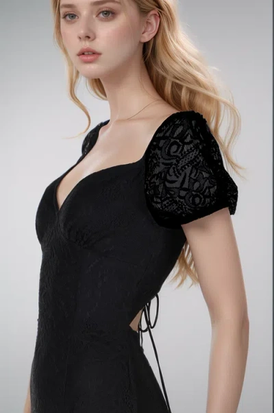 Creea The Label Lace Puff Sleeve Open Back Midi Dress In Black