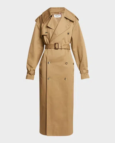 Saint Laurent Double-breasted Cotton Twill Trench Coat In Beige