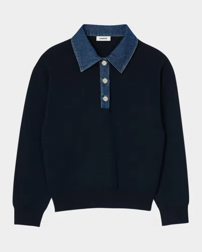 Shop Sandro Damien Denim Collar Sweater In Navy Blue