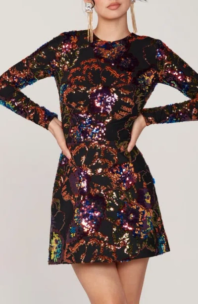 Helsi Avery Sequin Open Back Long Sleeve Cocktail Minidress In Amber Floral