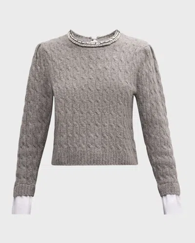 Cinq À Sept Rosario Necklace Cable-knit Combo Sweater In Light Heather G