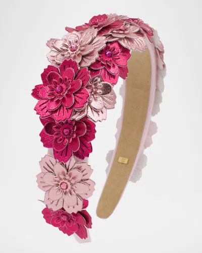 Bari Lynn Girl's Headband W/ Faux Leather Metallic Flowers In Metallic Light Pink  Metallic Fuchsia