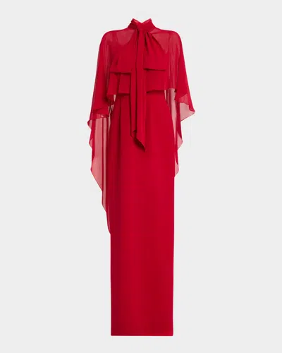 Rickie Freeman For Teri Jon Draped Tie-neck Cape Column Gown In Red