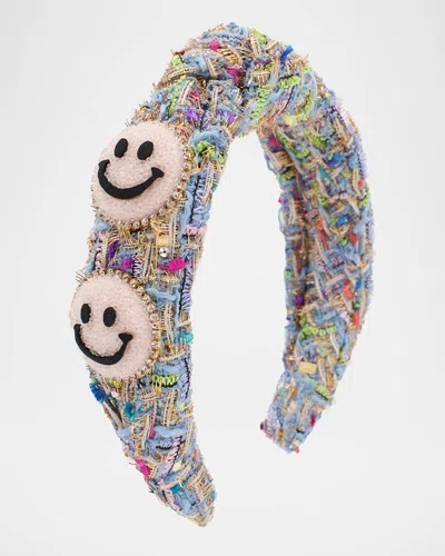 Bari Lynn Girl's Tweed Knot Headband W/ Glitter Happy Faces In Blue Pink