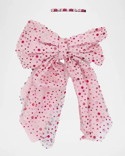Bari Lynn Girl's Crystalized Large Bow And Barret Set In Light Pink Fuschia Ab