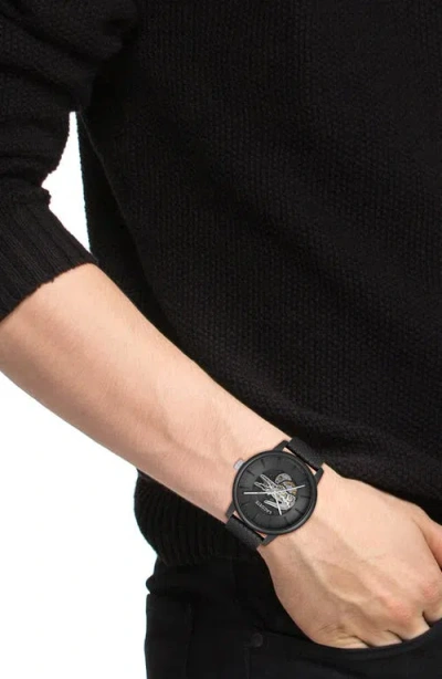 Lacoste 12.12 Automatique Leather Strap Watch, 44mm In Black