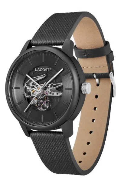 Lacoste 12.12 Automatique Leather Strap Watch, 44mm In Black