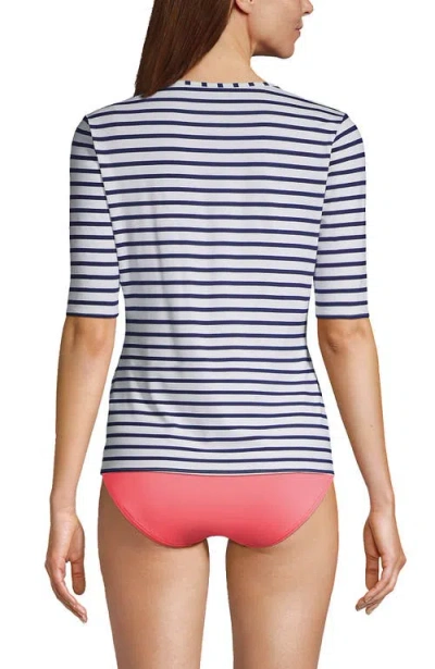 Lands' End Elbow Sleeve Relaxed Upf 50 Rash Guard In White/deep Sea Stripe