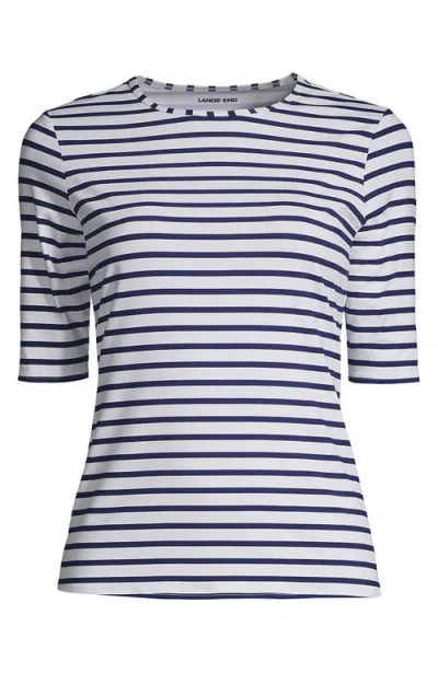 Lands' End Elbow Sleeve Relaxed Upf 50 Rash Guard In White/deep Sea Stripe