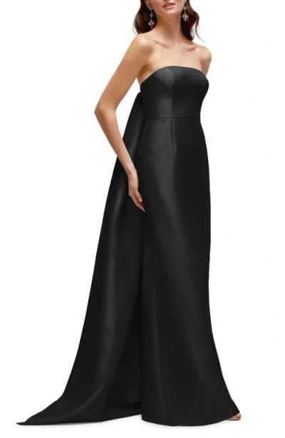 Alfred Sung Strapless Satin Twill Column Gown With Removable Train In Black