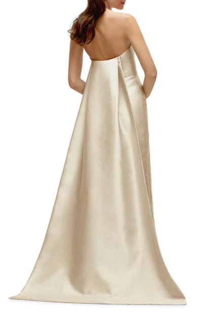 Alfred Sung Strapless Satin Twill Column Gown With Removable Train In Champagne
