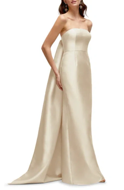 Alfred Sung Strapless Satin Twill Column Gown With Removable Train In Champagne