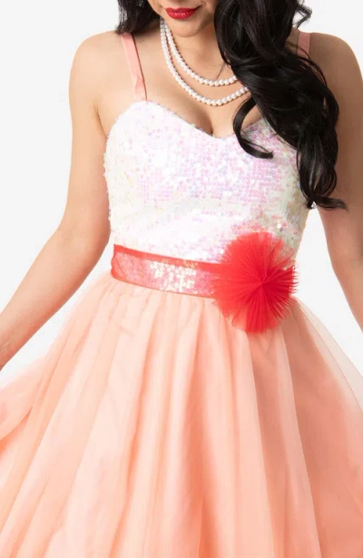 Unique Vintage Chiffon Swing Dress In Peach And White