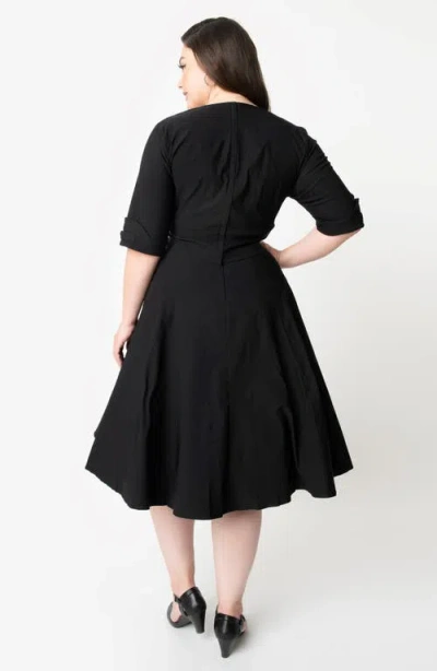 Unique Vintage Plus Size Half Sleeve Surplice Delores Swing Dress In Black