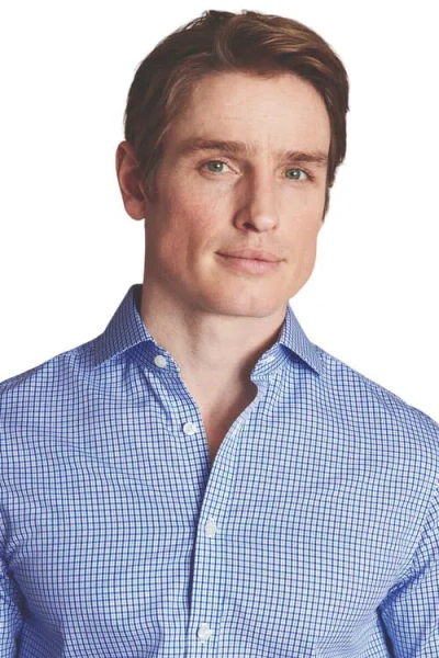Charles Tyrwhitt Grid Check Non-iron Stretch Twill Slim Fit Shirt Single Cuff In Cobalt Blue