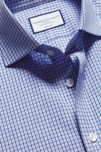 Charles Tyrwhitt Grid Check Non-iron Stretch Twill Slim Fit Shirt Single Cuff In Cobalt Blue