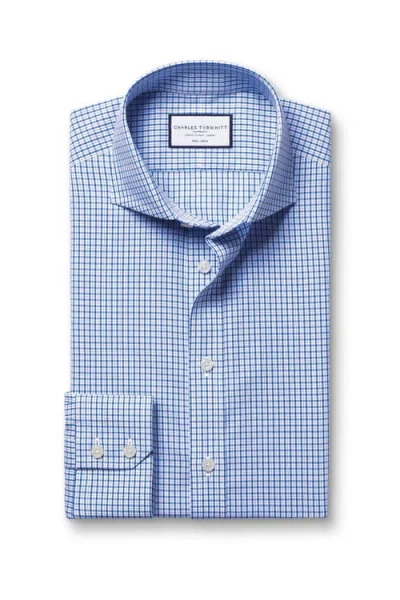 Charles Tyrwhitt Grid Check Non-iron Stretch Twill Slim Fit Shirt Single Cuff In Cobalt Blue