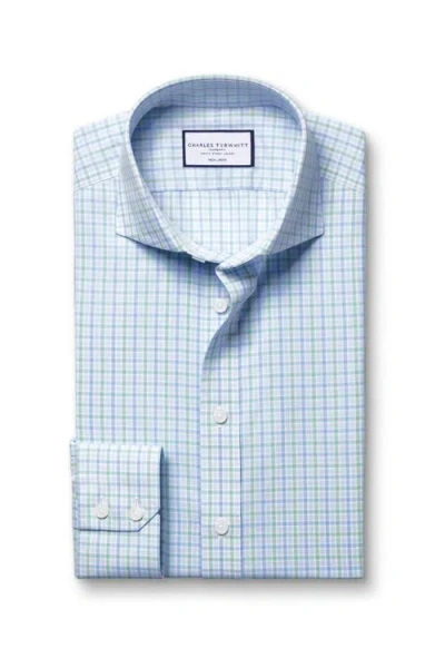 Charles Tyrwhitt Triple Check Non-iron Twill Slim Fit Shirt Single Cuff In Green